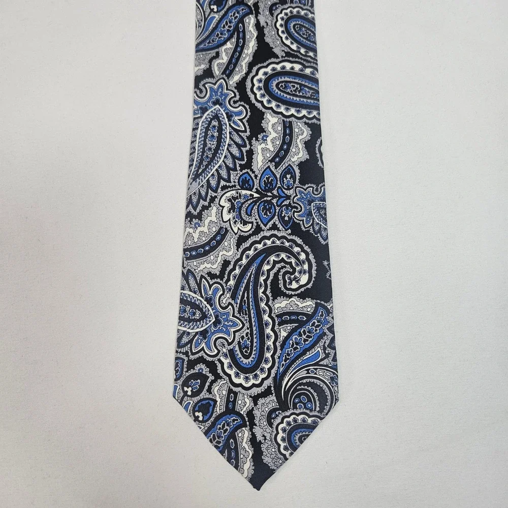 Crofts & Barrow Mens Paisley Silk Necktie Black Blue‎ Silver Formal Tie